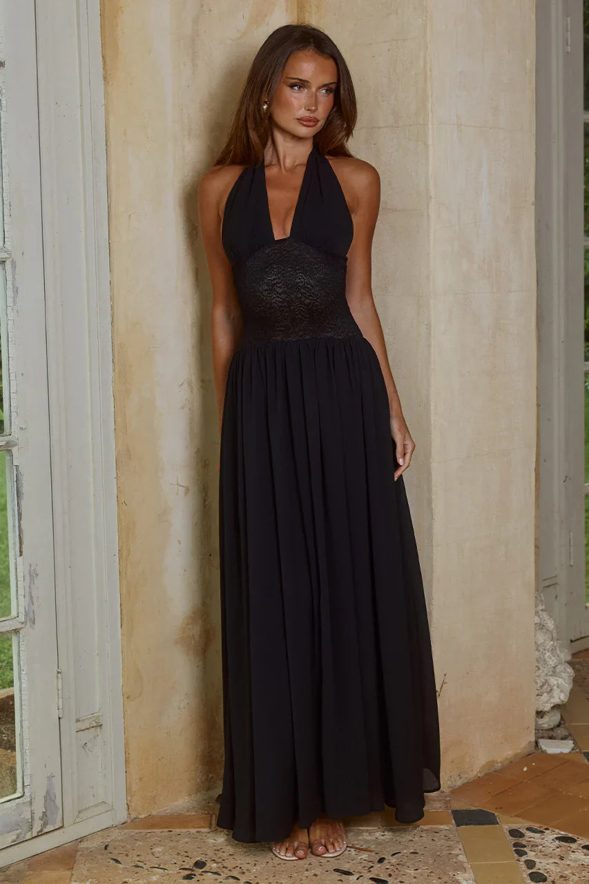 FERNANDA PLUNGE HALTER MAXI DRESS - BLACK