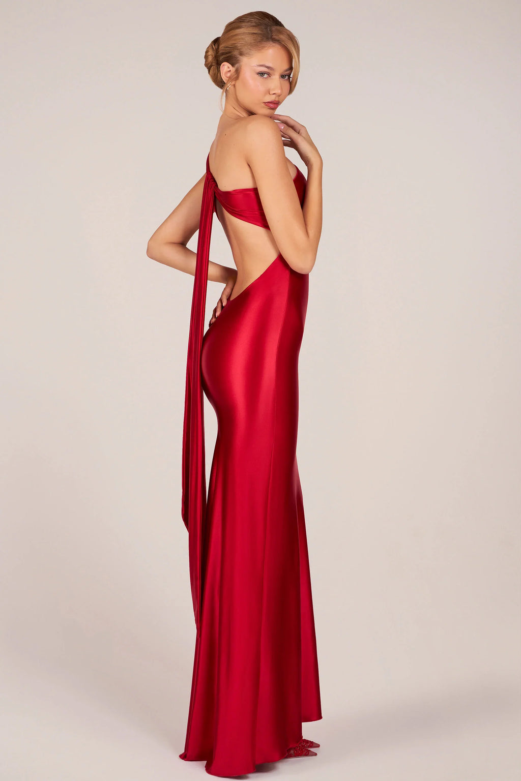 Asymmetric Tie-Back Gown in Cherry
