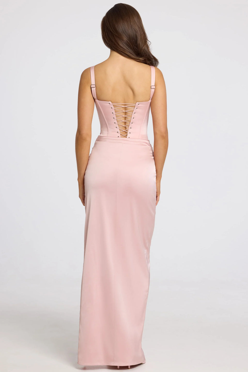 Corseted Thigh-High Split Maxi Dress in Blush Pink