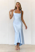 Shimmer Crystal Satin Halter Maxi Dress Blue