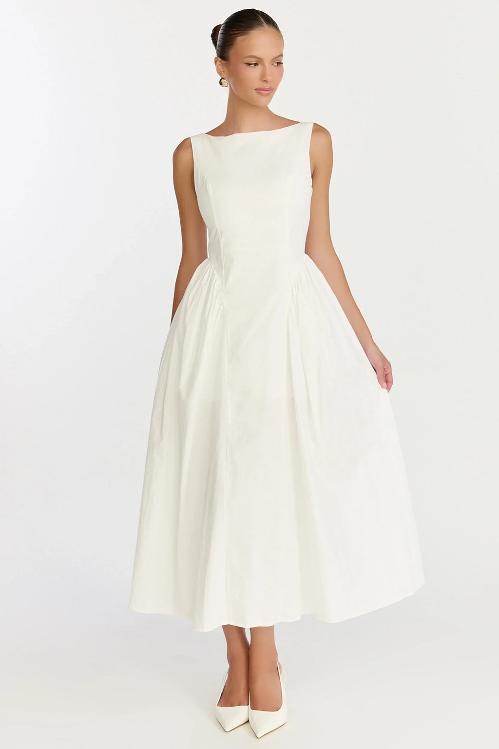Casina Midi Dress - Boat Neck Tie Back Fit And Flare Dress in Off White