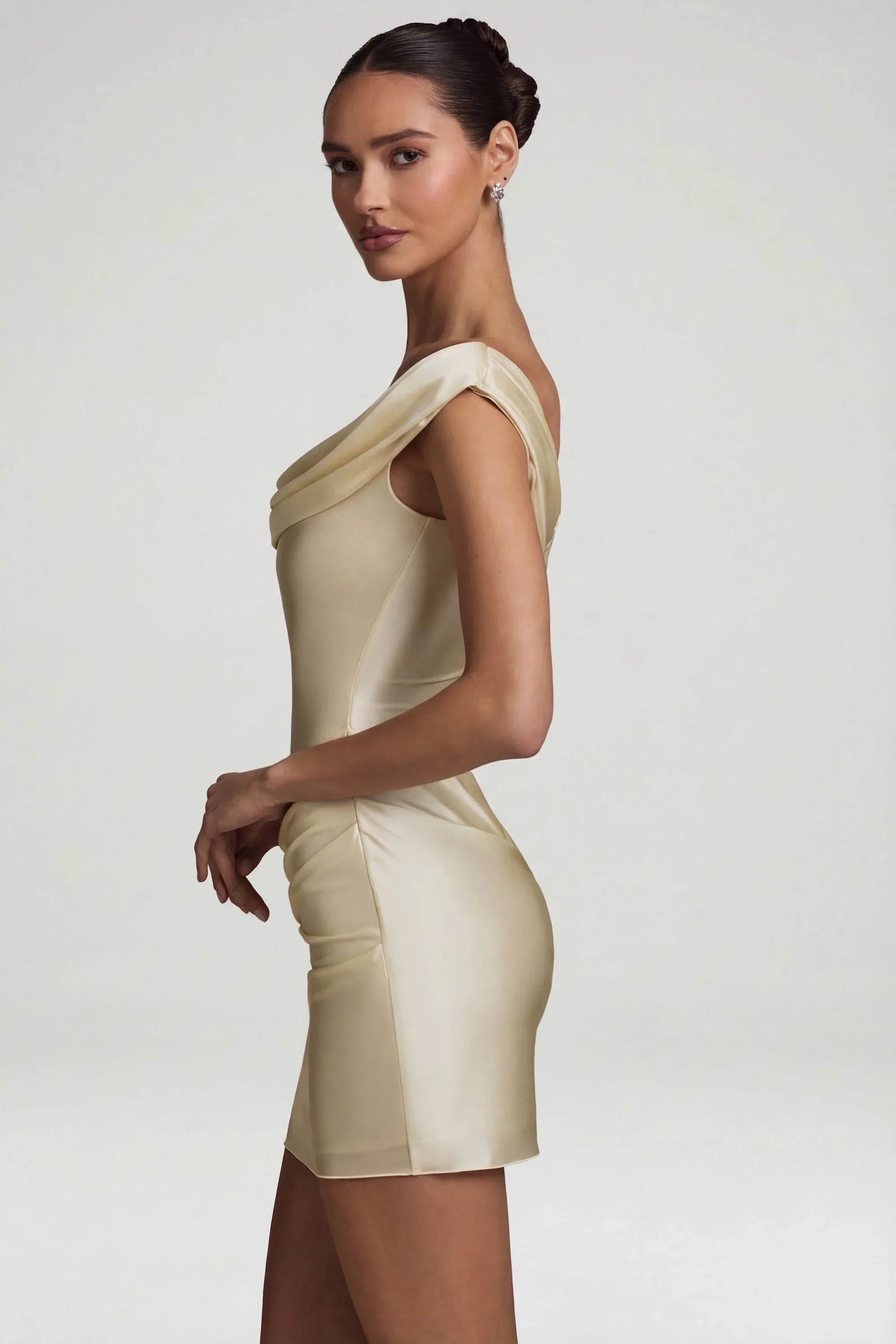 Satin Off-Shoulder Draped Mini Dress in Pearl