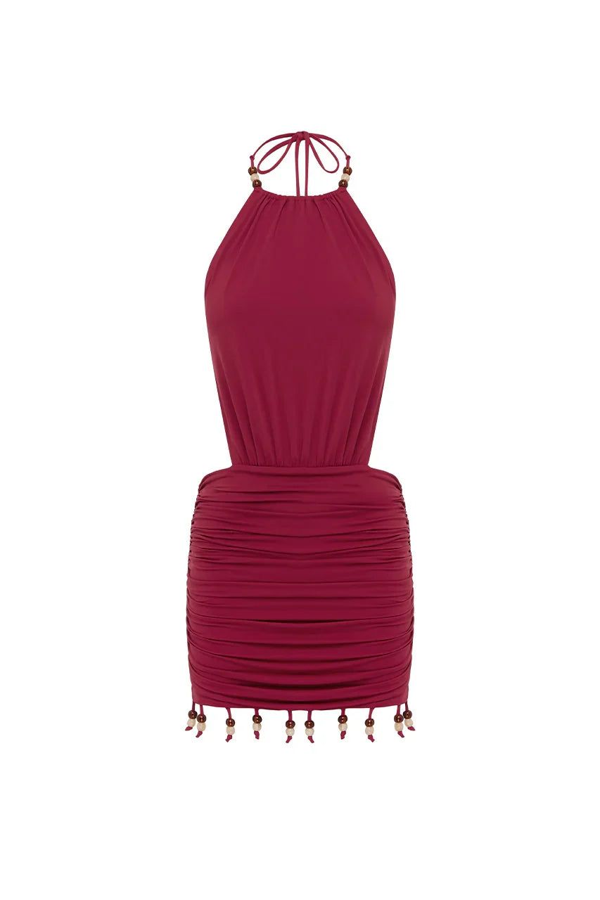 IMELDA HIGH NECK MINI DRESS - CHERRY