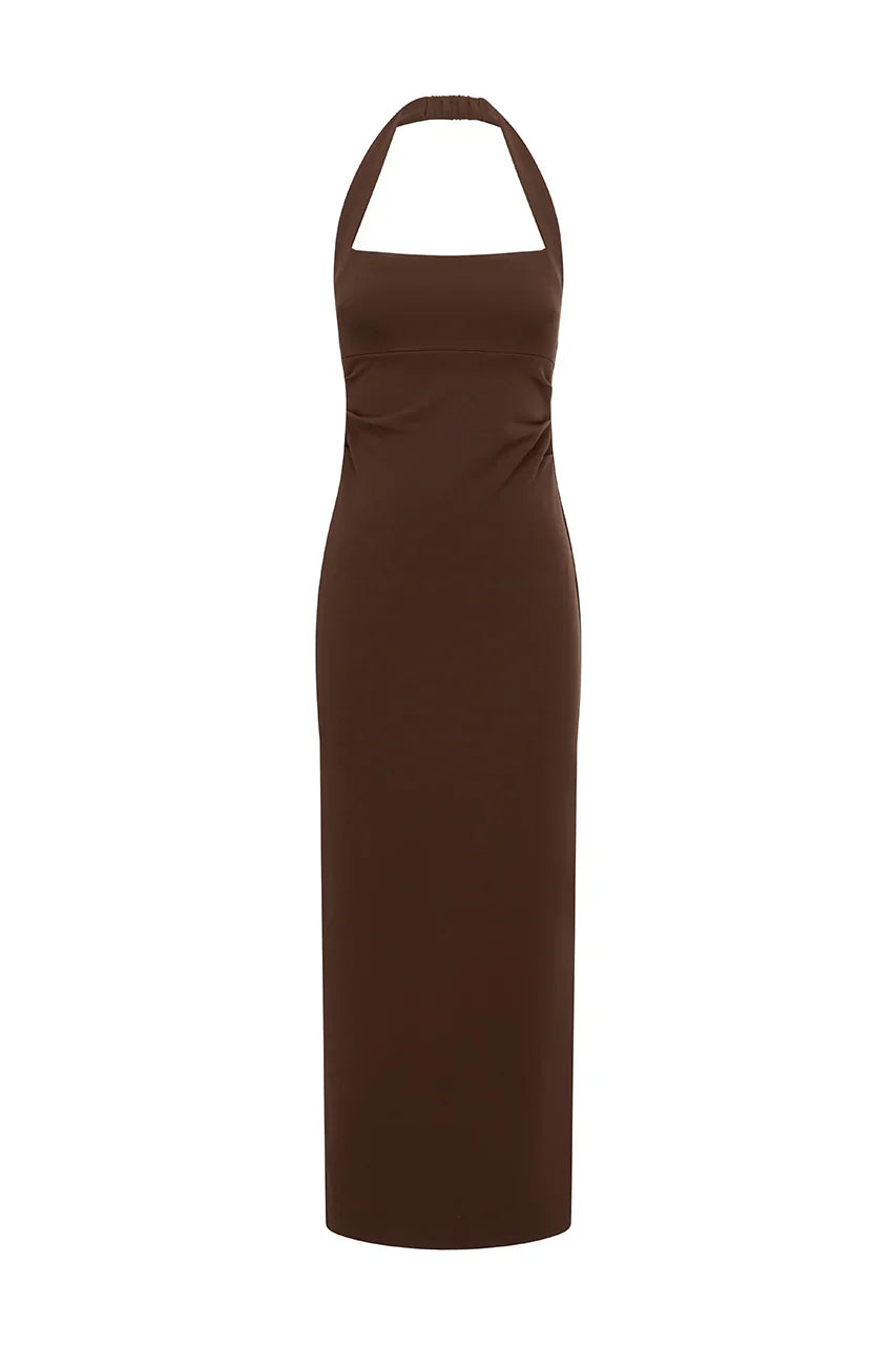 FRANCA HALTER MIDI DRESS - BITTER CHOCOLATE