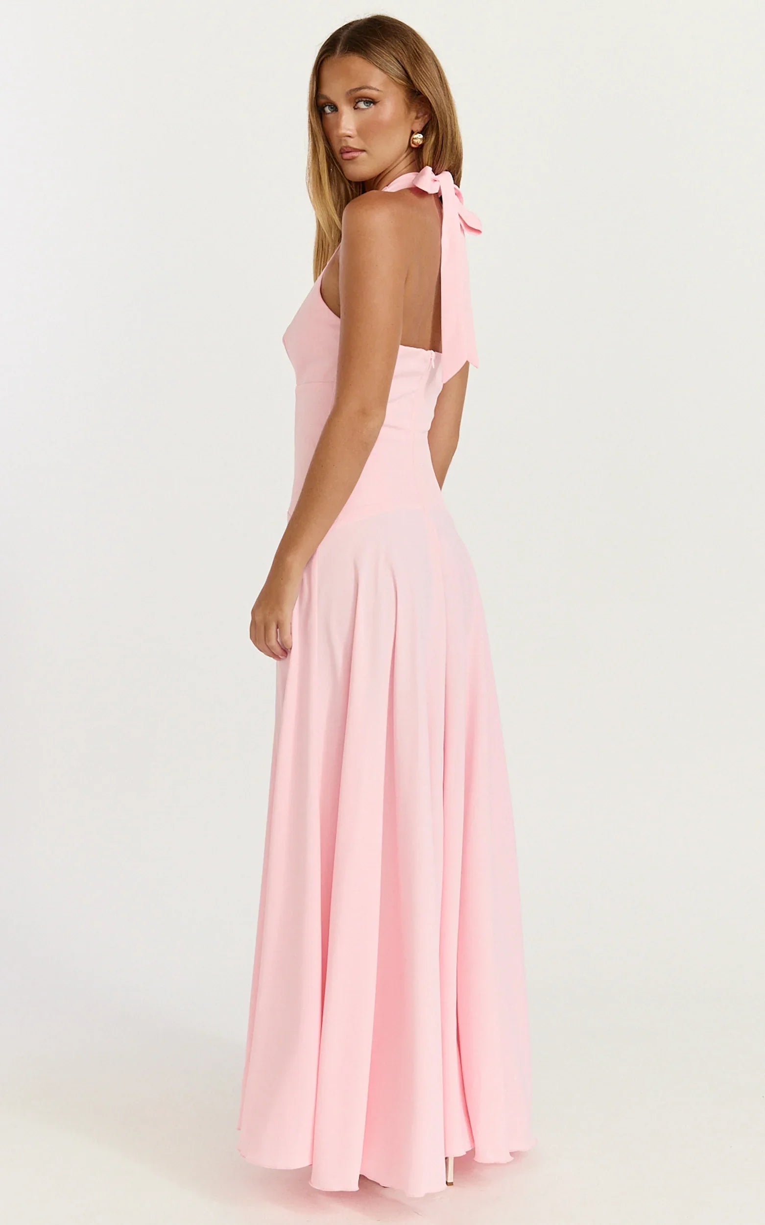 Poppy Maxi Dress - Contrast Skirt Deep Plunge Halter Dress in Soft Pink