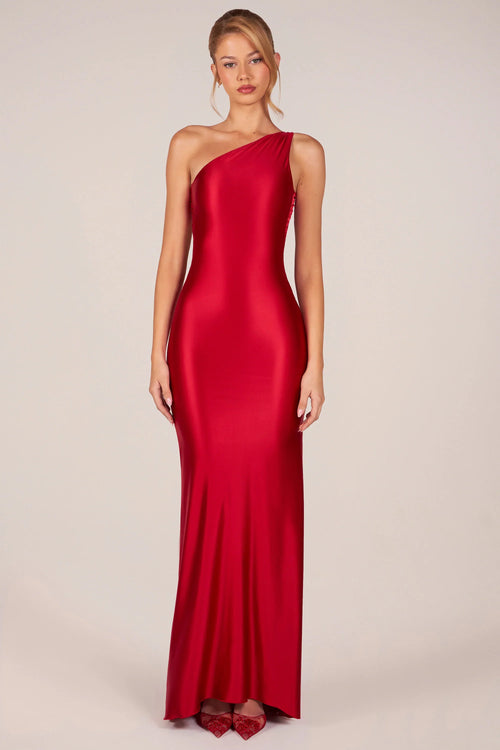 Asymmetric Tie-Back Gown in Cherry