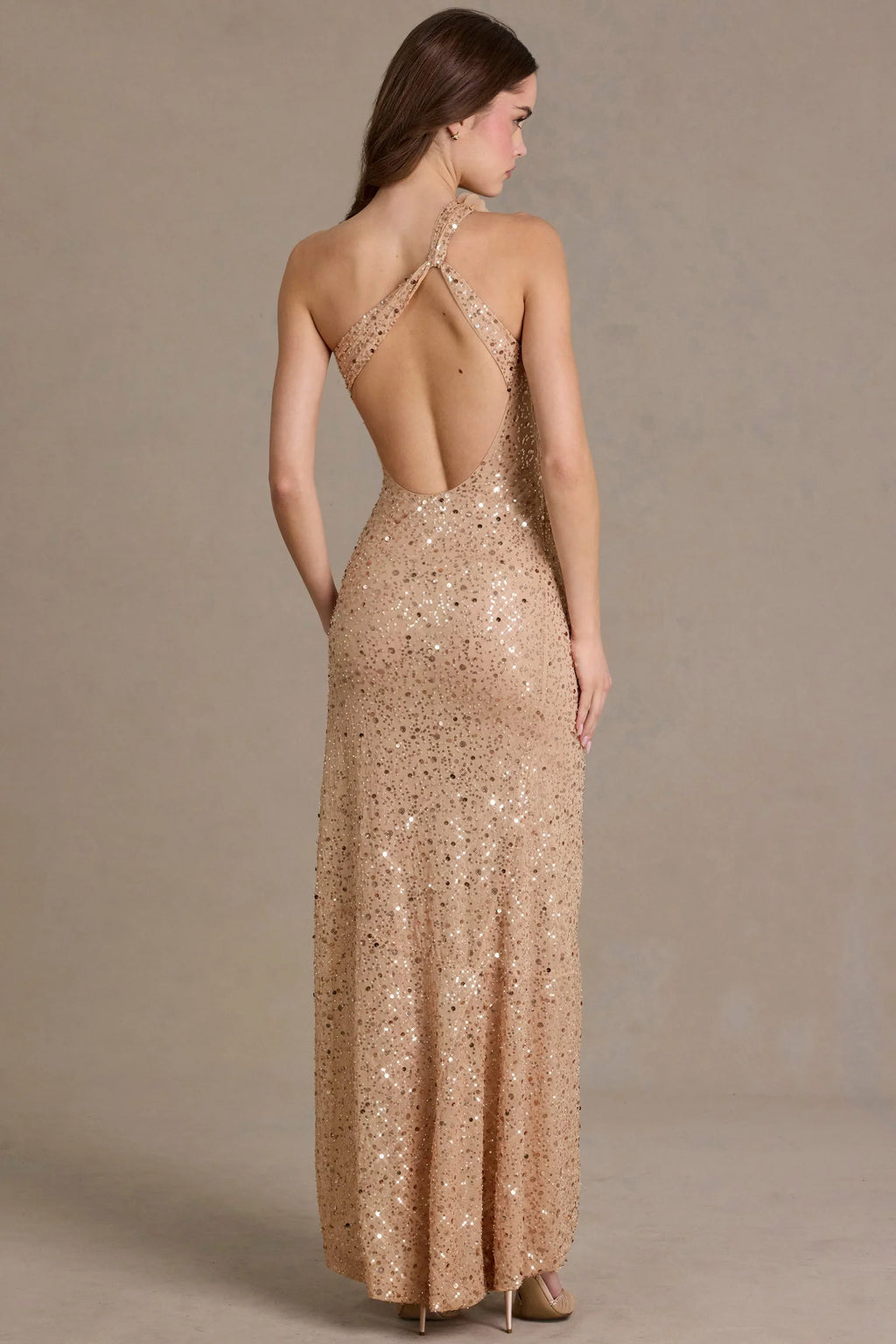 Embellished Asymmetric One-Shoulder Maxi Dress in Sand