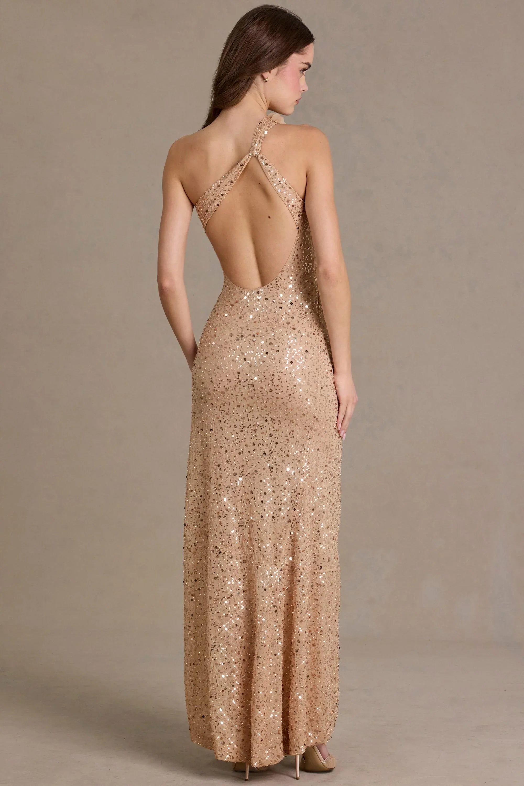 Embellished Asymmetric One-Shoulder Maxi Dress in Sand
