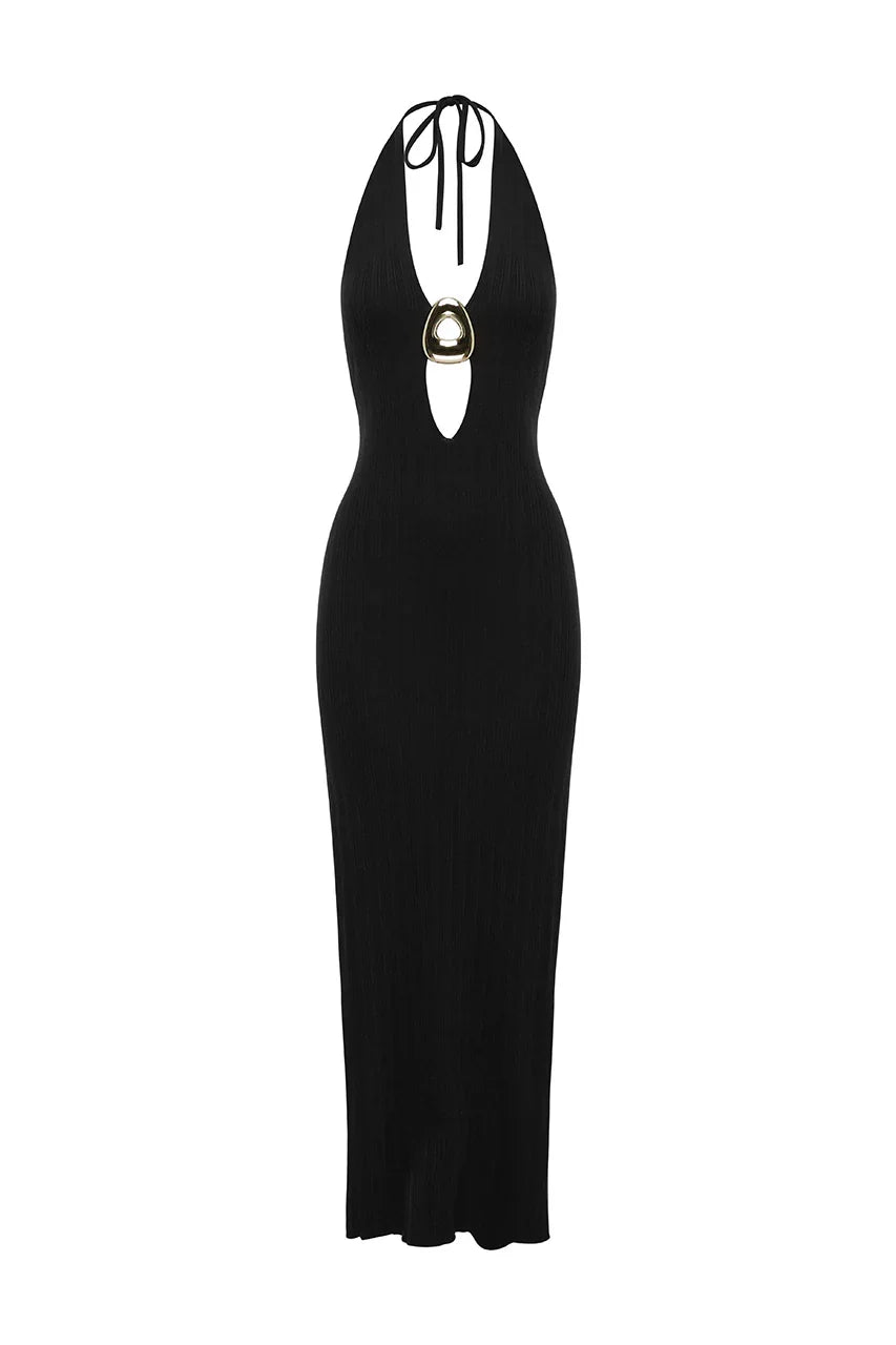 LILABELLE HALTER KNIT MAXI DRESS - BLACK