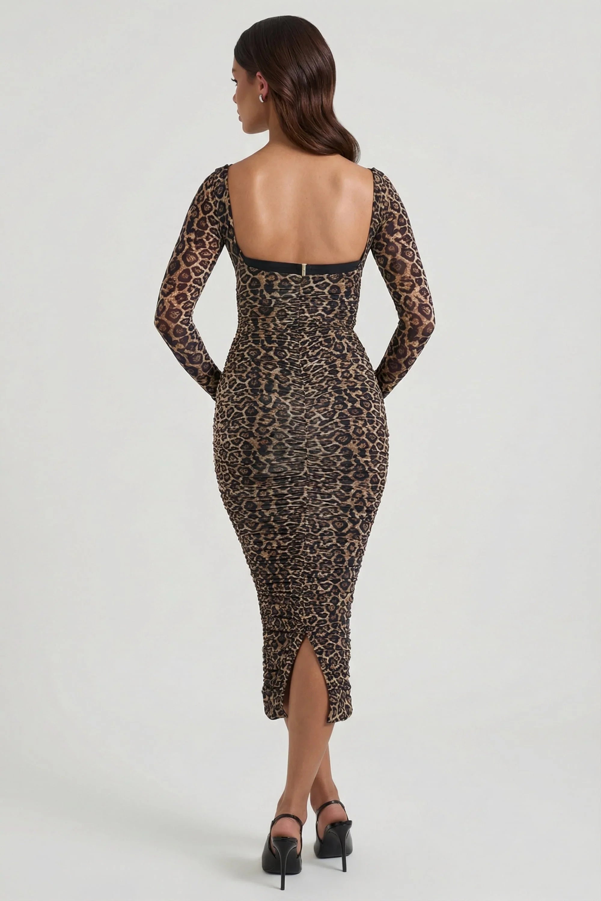 Layered Bra-Detail Ruched Midaxi Dress in Leopard Print