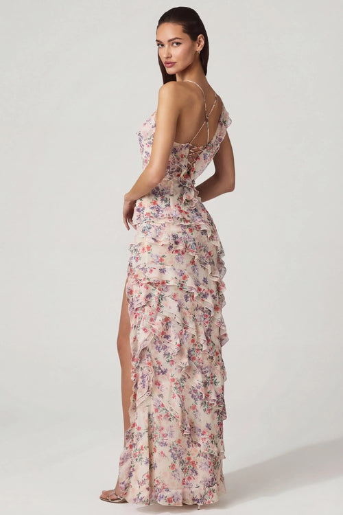 Asymmetric Ruffled Lace-Up Gown in Primrose Floral Print