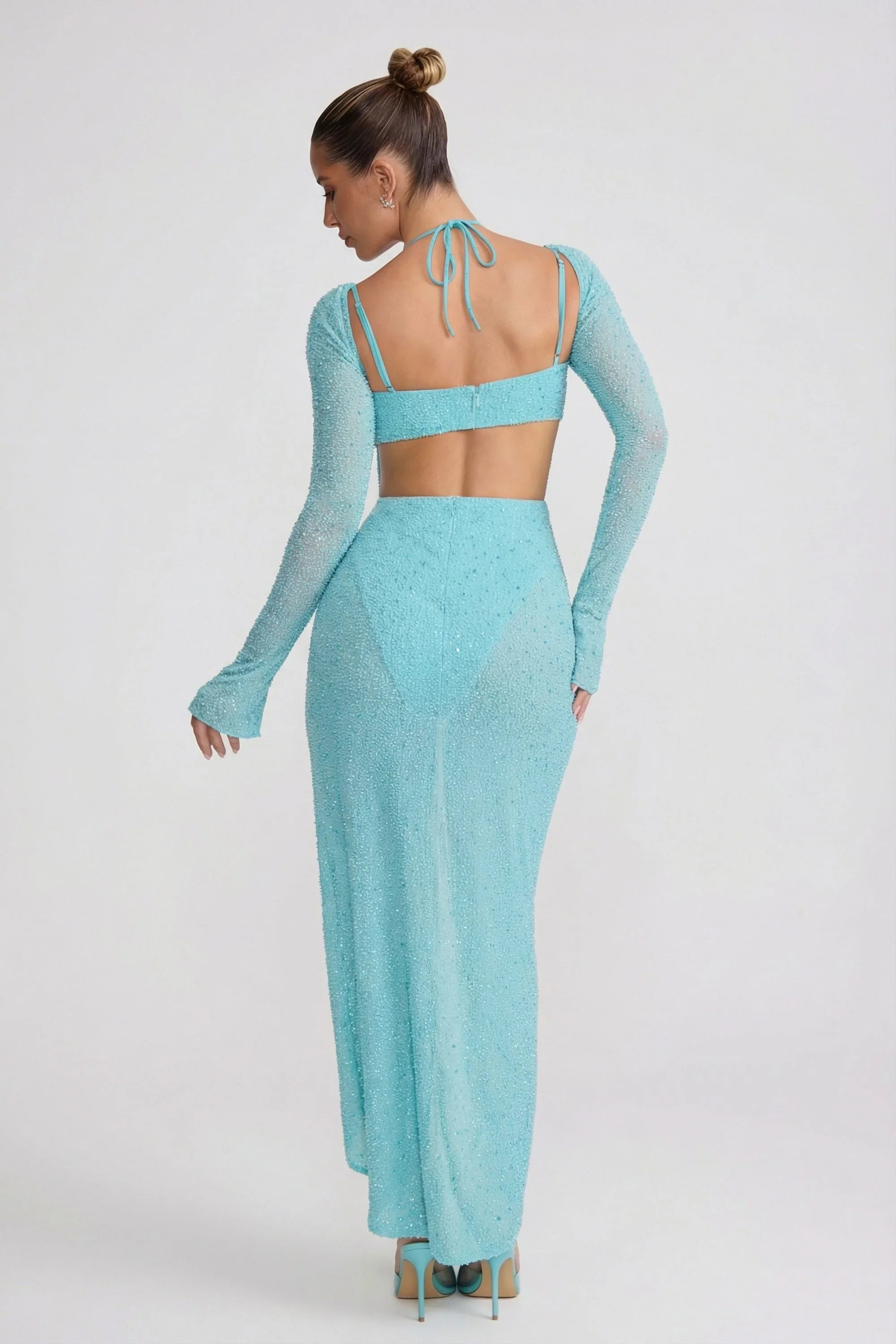 Embellished Cowl Neck Maxi Dress in Aquamarine