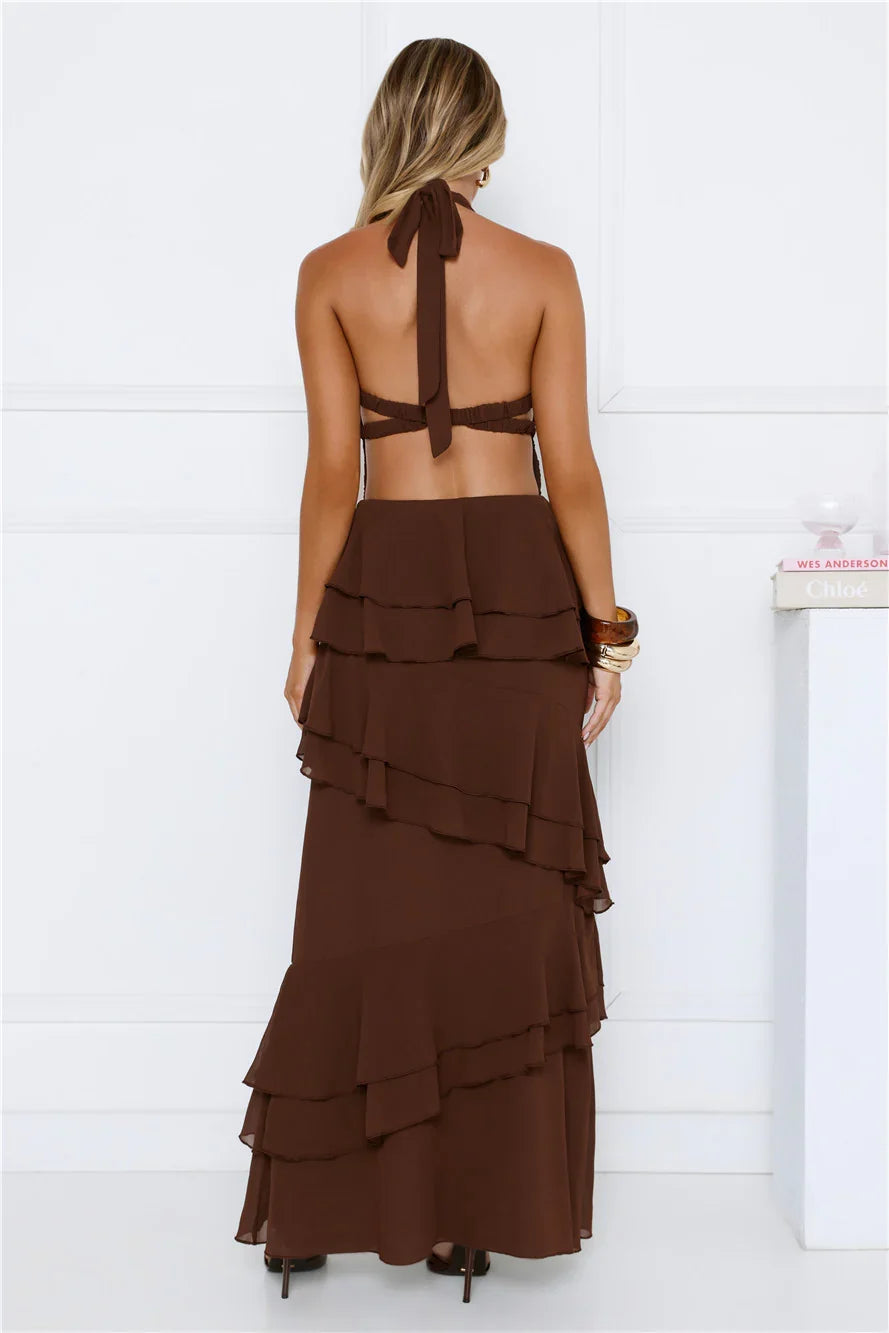 Power Glow Halter Maxi Dress Brown