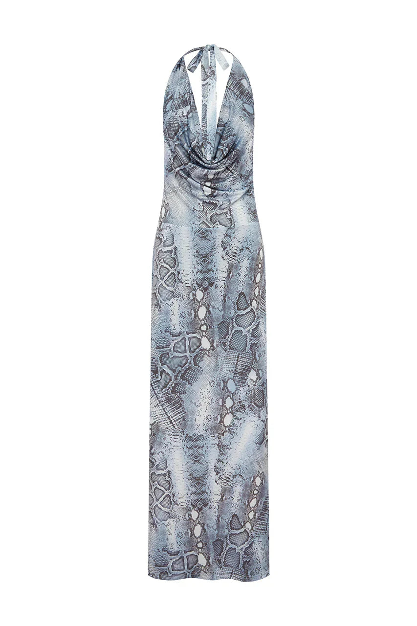 LOTUS HALTER COWL MAXI DRESS - STEEL VIPER