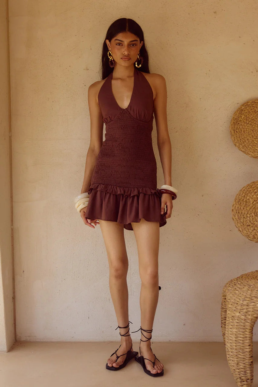 FLEUR SHIRRED HALTER MINI DRESSS - CHOCOLATE