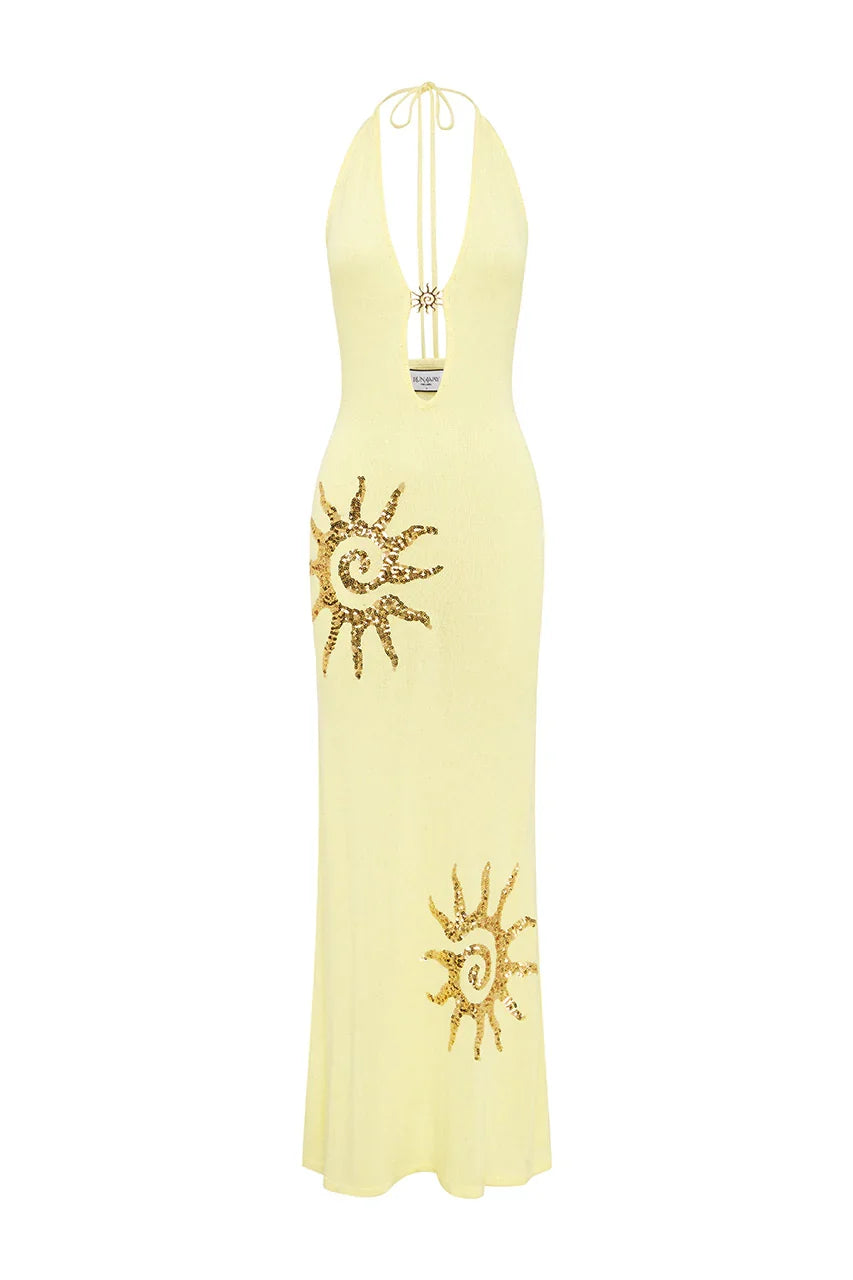 SABRINA HALTER KNIT MAXI DRESS - LEMON