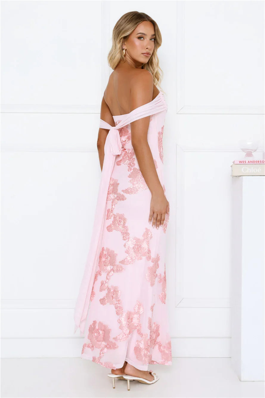 Lush Bloom Embroidered Off Shoulder Maxi Dress Pink