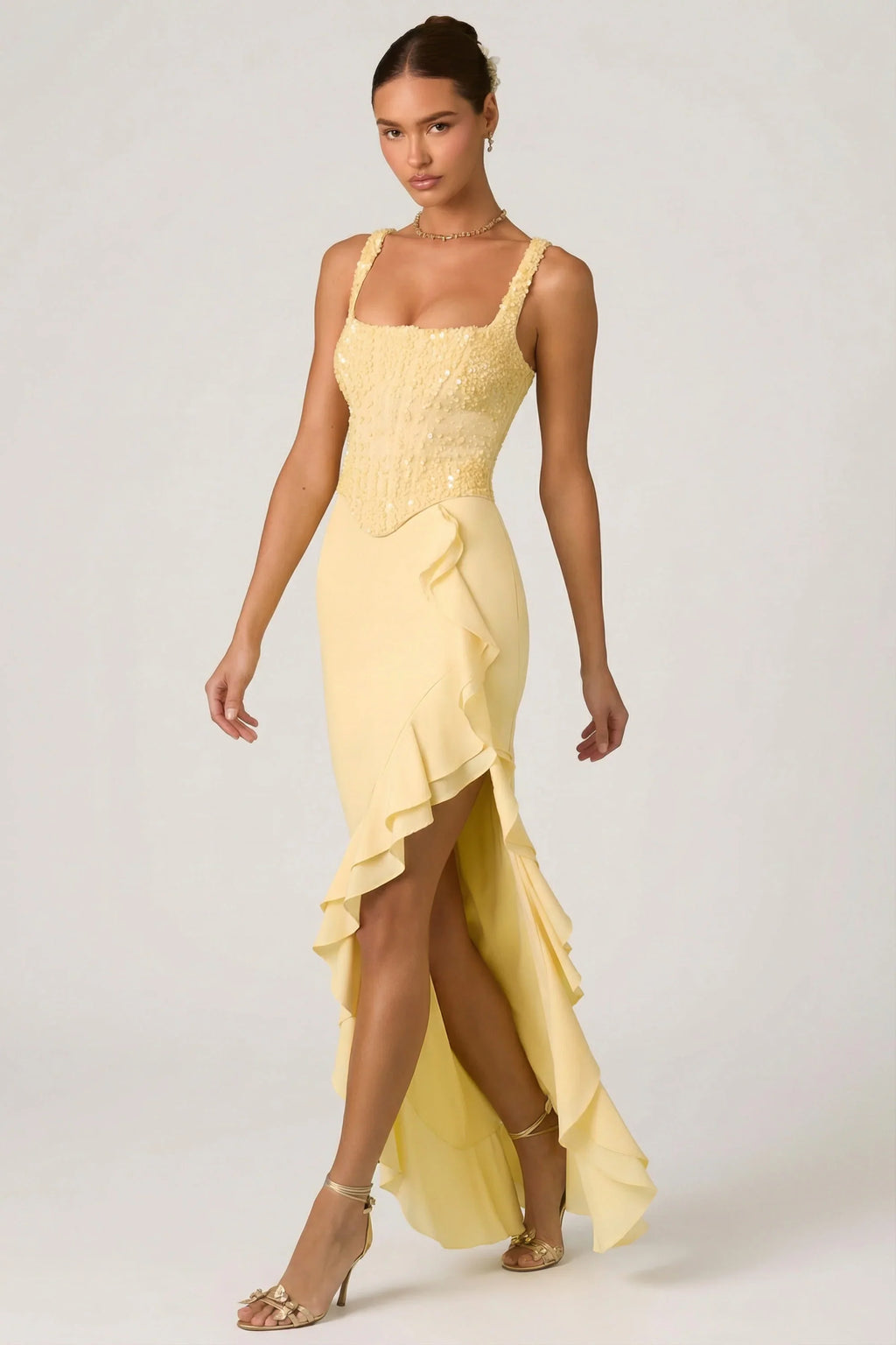 Embellished Ruffle-Trim Corset Gown in Yellow