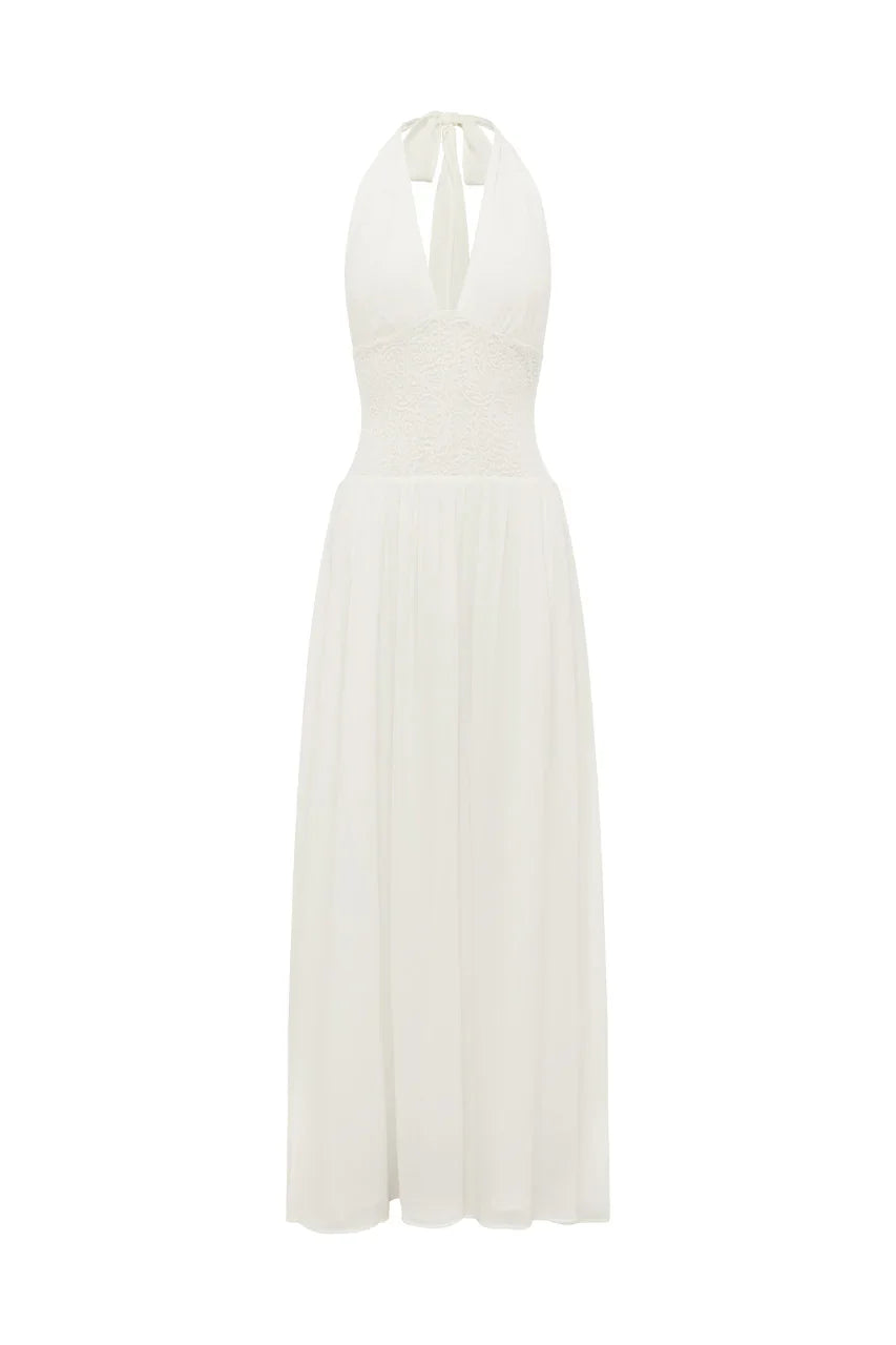 FERNANDA PLUNGE HALTER MAXI DRESS - WHITE