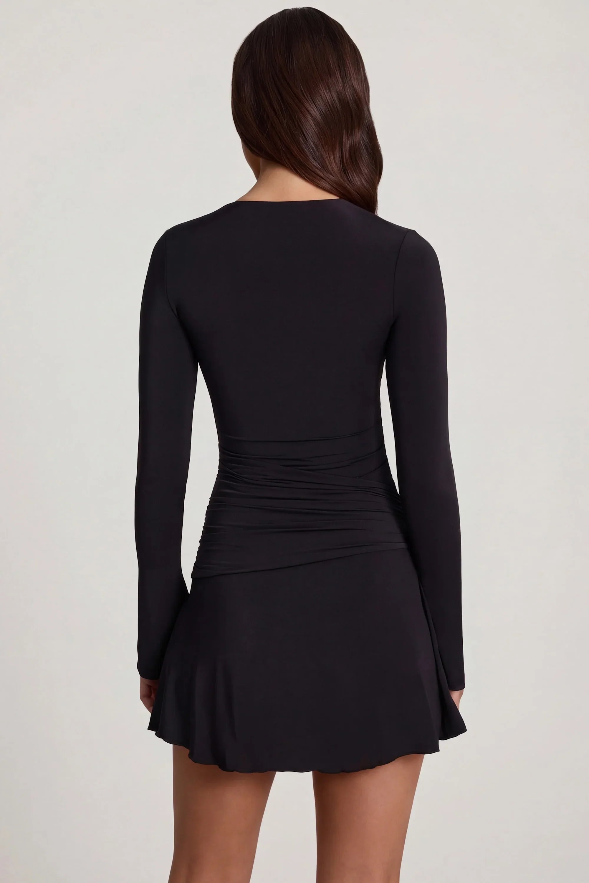 Soft Jersey Scoop-Neck Flared Mini Dress in Black