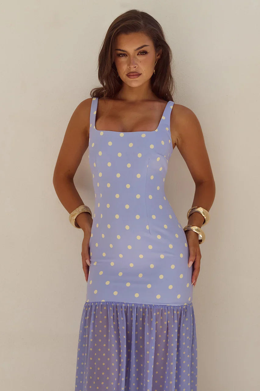 TILLIE SHEER BOTTOM MAXI DRESS - PERIWINKLE/LEMON POLKA