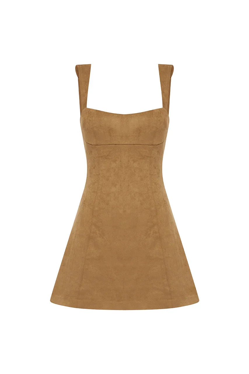 ZAELA SQUARE NECK FITTED MINI DRESS - TAN