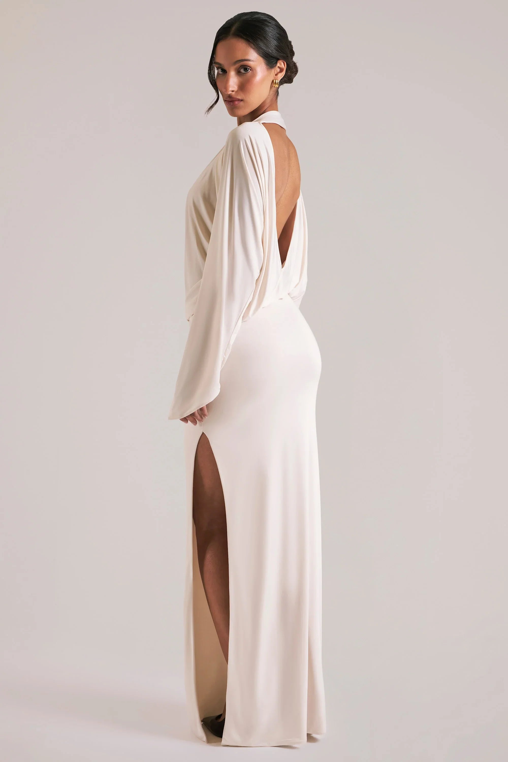 Long-Sleeve Draped Maxi Dress in Vanilla