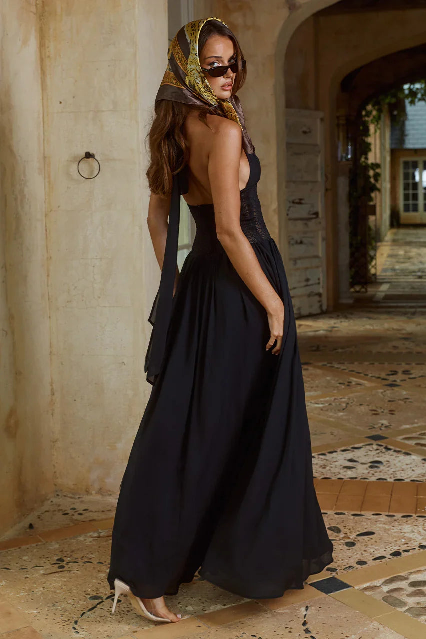 FERNANDA PLUNGE HALTER MAXI DRESS - BLACK