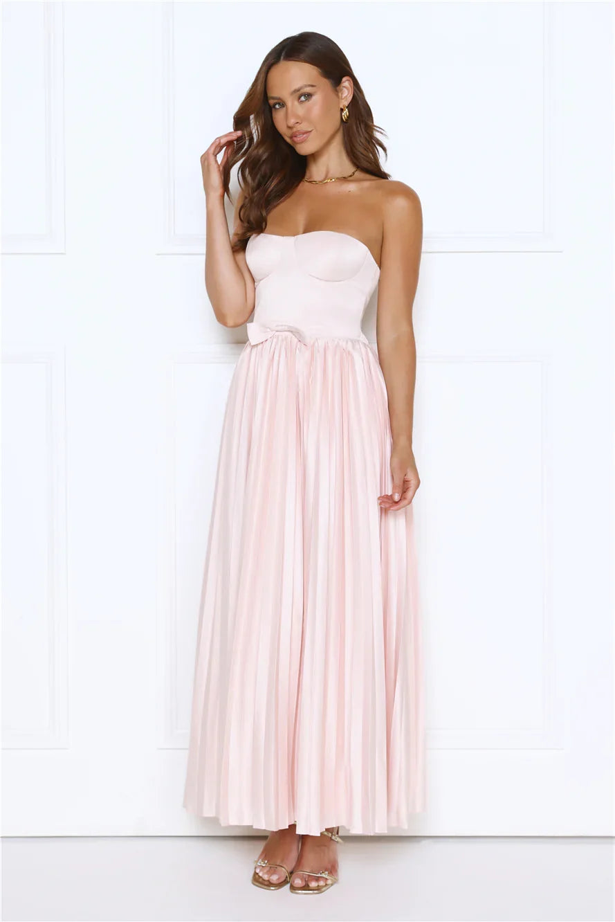 Glossed Over Strapless Satin Pleated Maxi Dress Pink