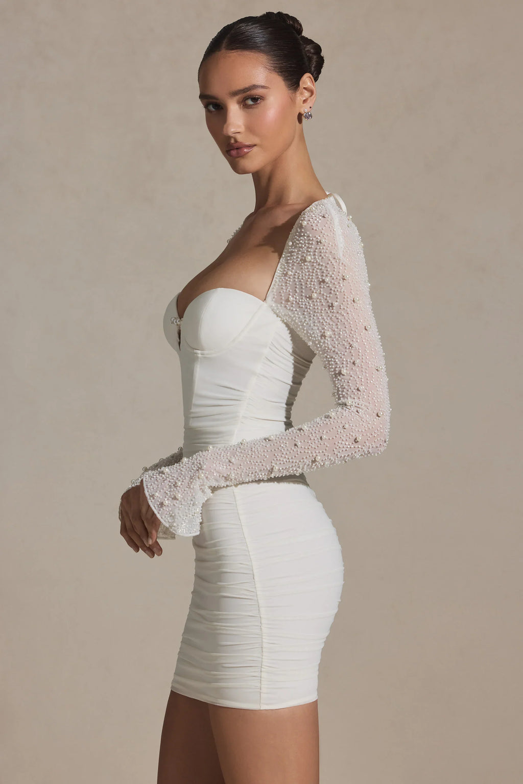 Embellished Long-Sleeve Mini Dress in Snow