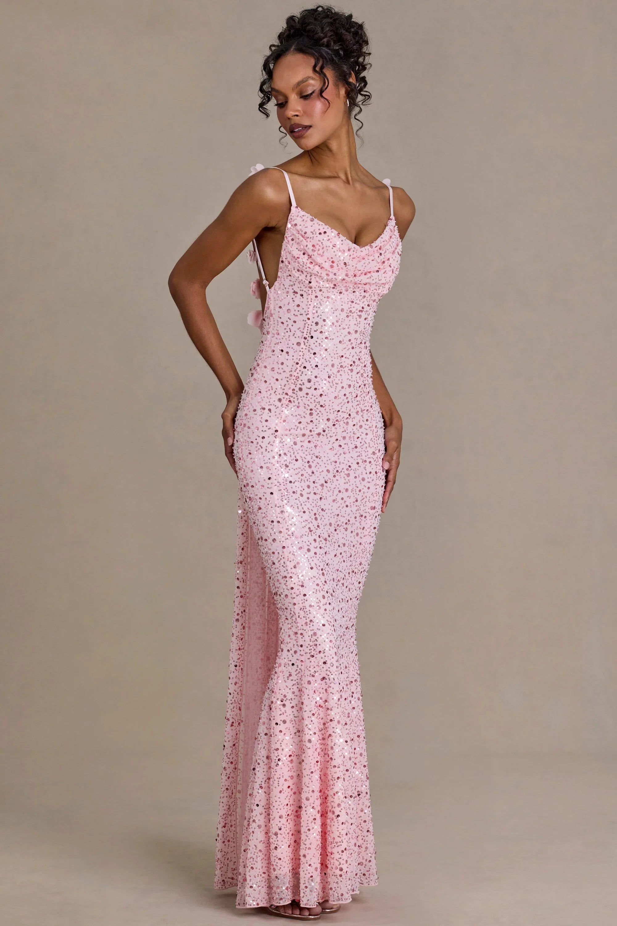 Embellished Open-Back Maxi Dress in Baby Pink