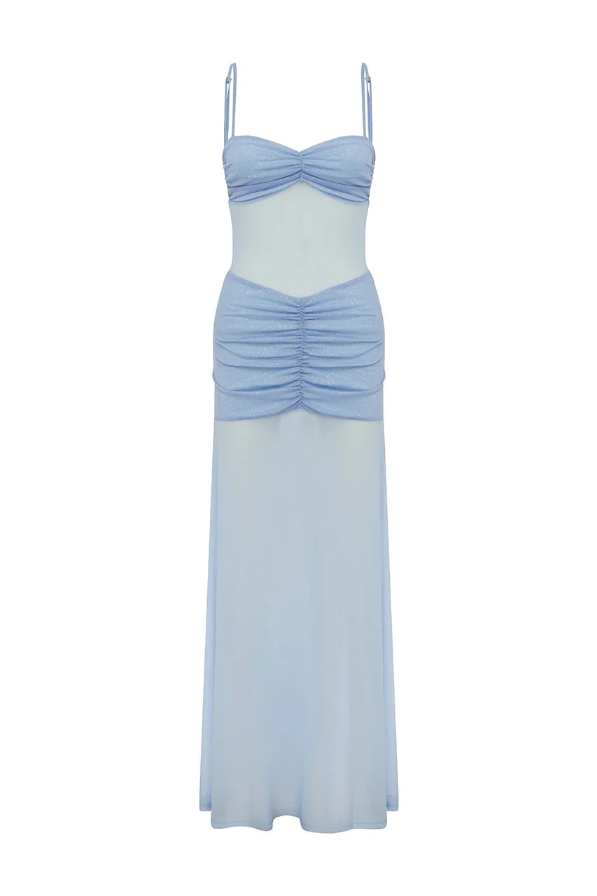 CASSIE GLITTER MESH MAXI DRESS - BLUEBELL