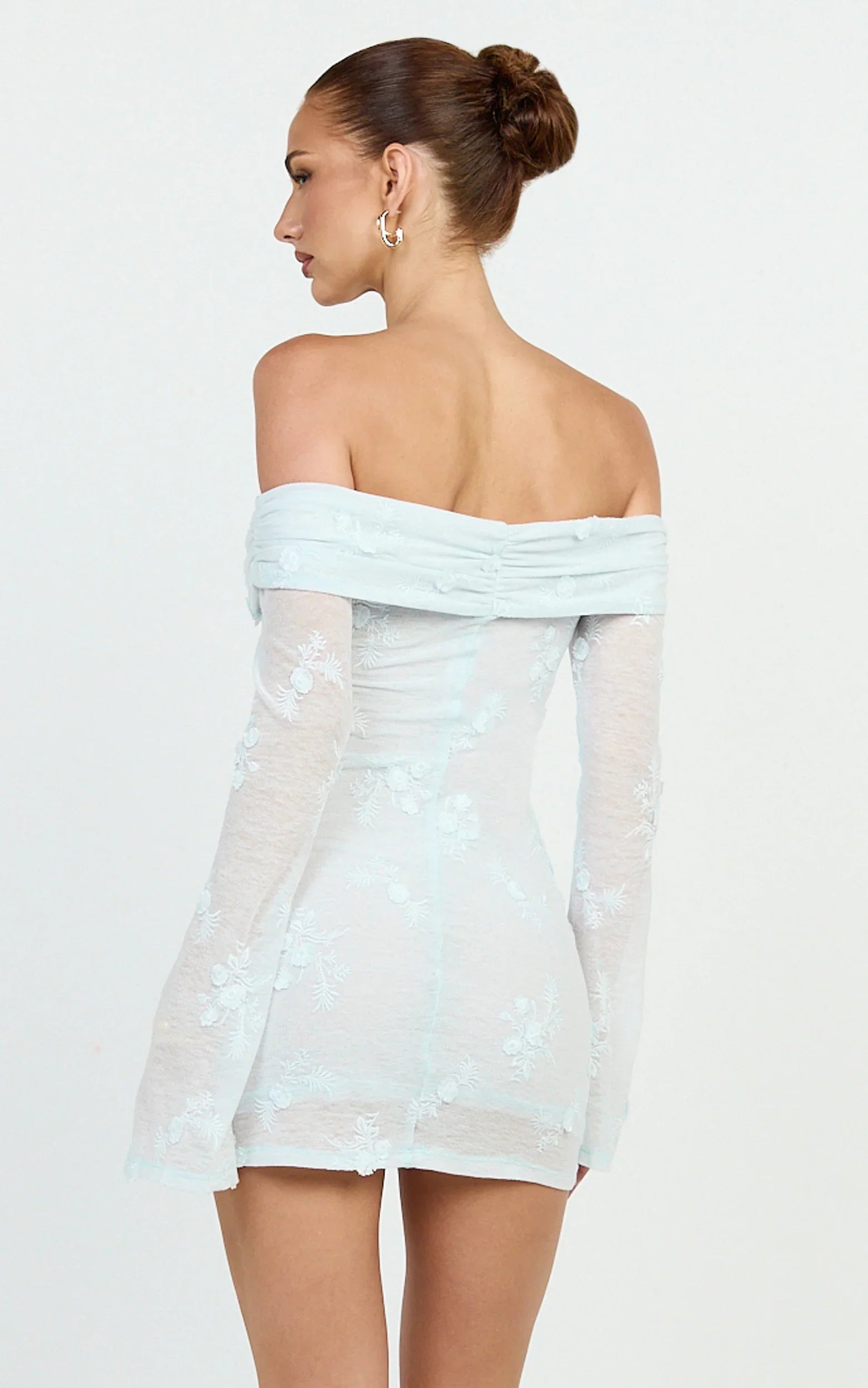 Raymond Mini Dress - Off Shoulder Long Sleeve Fitted Dress in Blue