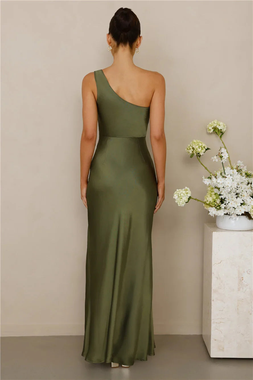 The Aurora One Shoulder Satin Maxi Dress Olive