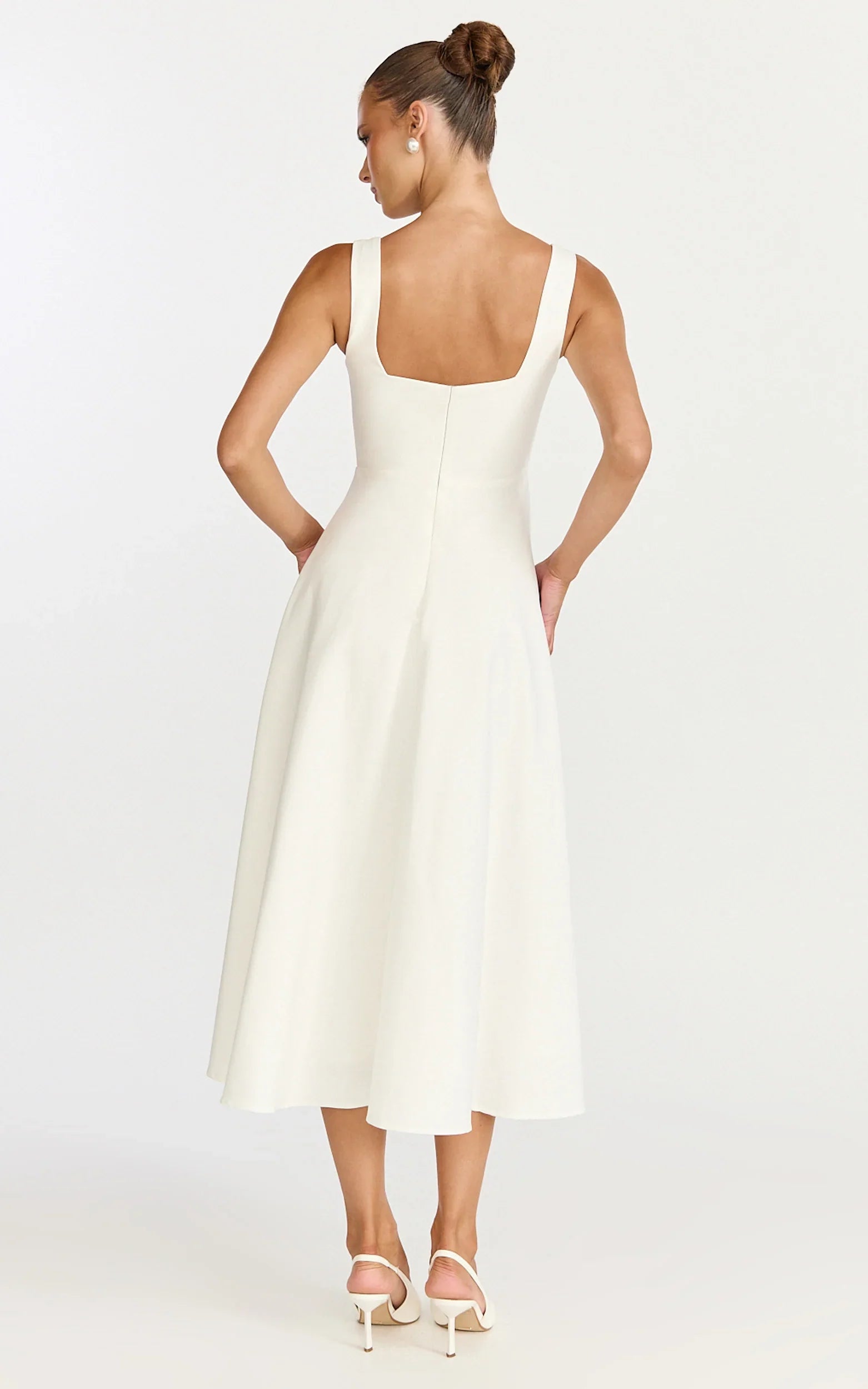 Bernie Midi Dress - Square Neck Strapped Full Circle Skirt Dress in White
