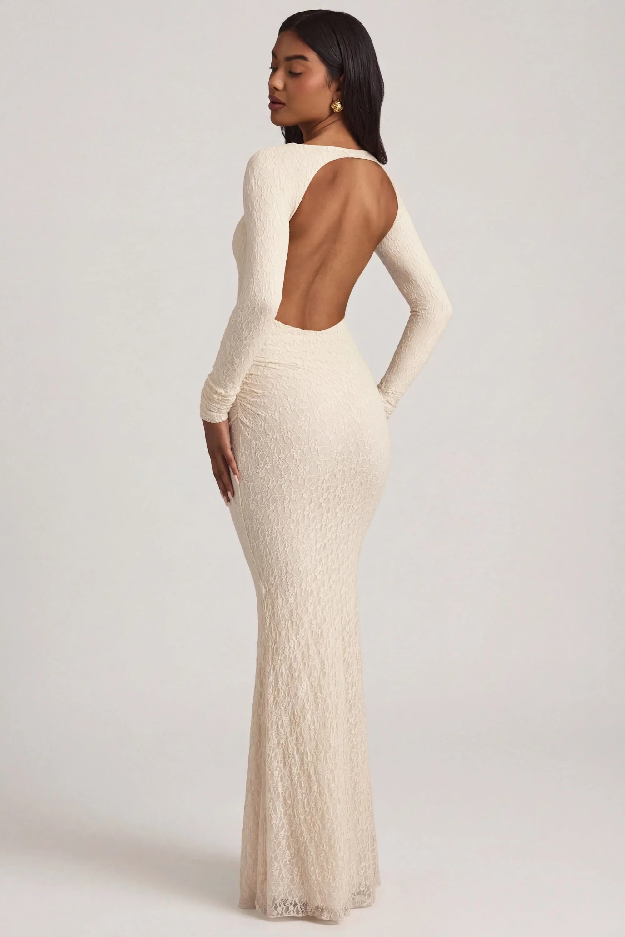 Ruched Backless Lace Maxi Dress in Ivory