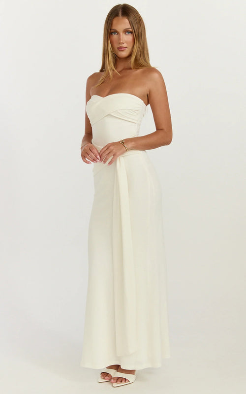 Aria Midi Dress - Strapless Tie Waist Dress in Off White
