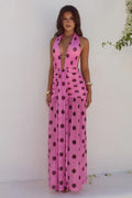 ADRIANNA PLUNGE RUCHED MAXI DRESS - MUSK/CHOC POLKA