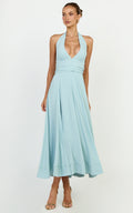 Vivia Maxi Dress - Gathered Waist Halter Dress in Blue