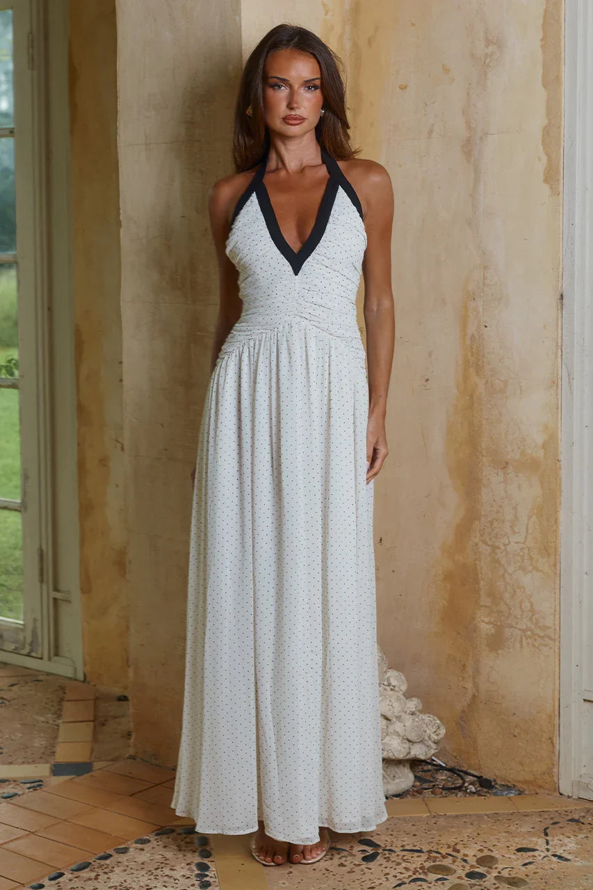 CAROLINA HALTER RUCHED MAXI DRESS - IVORY/BLACK POLKA