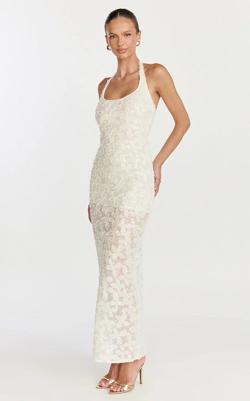 Benny Maxi Dress - Halter Neck Backless Bodycon Dress in Off White