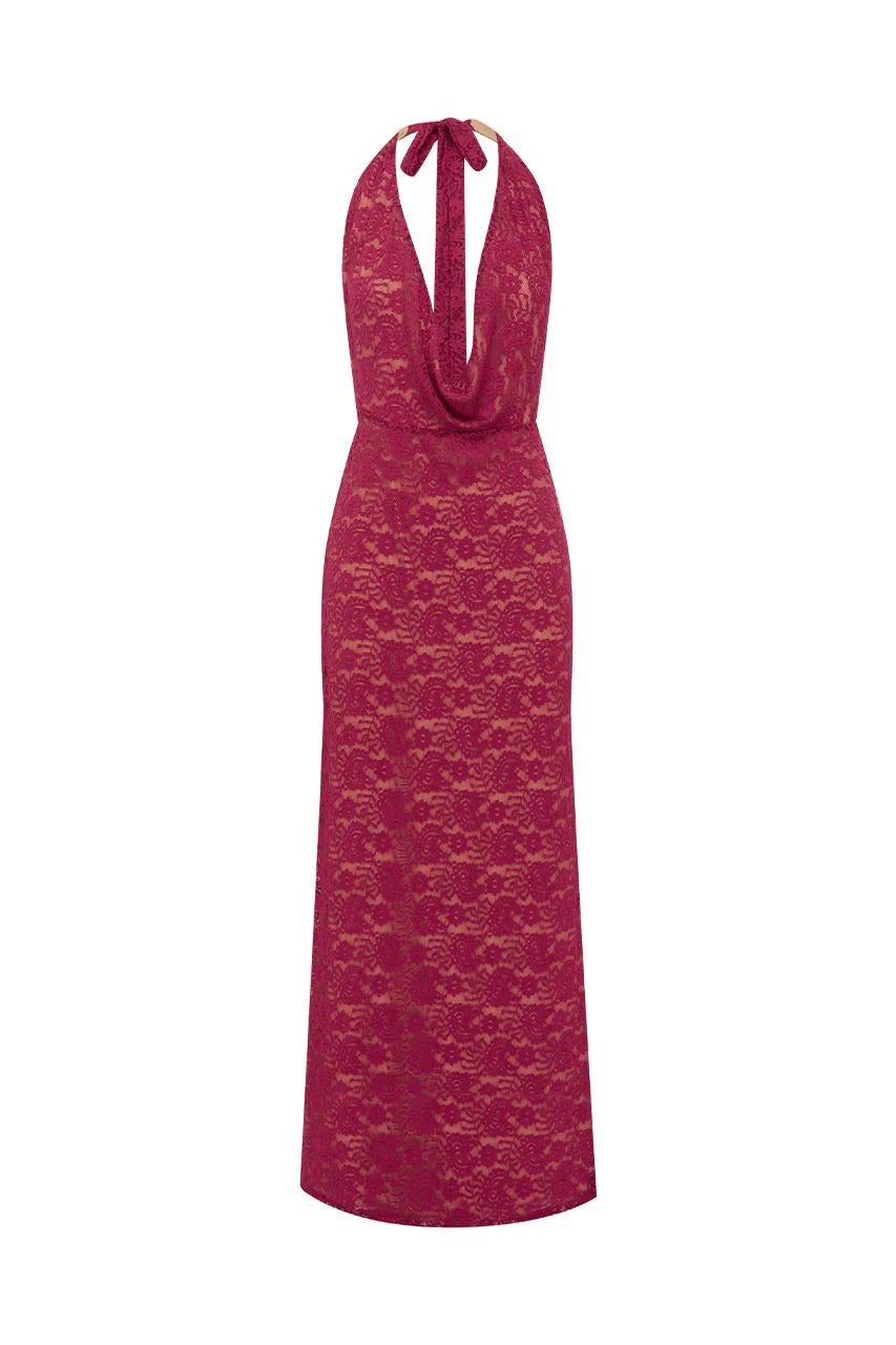 KYLO PLUNGE COWL MAXI DRESS - BERRY