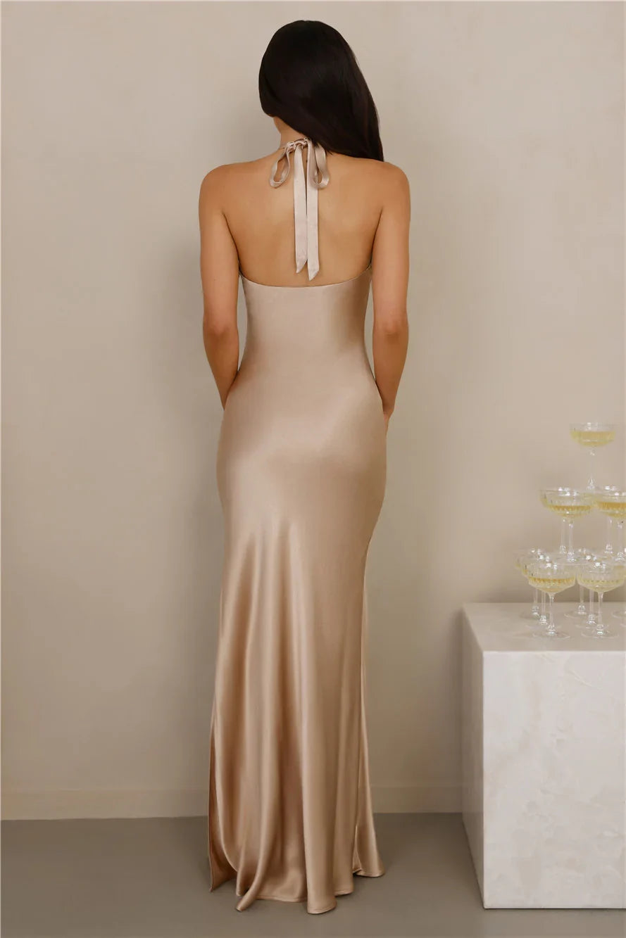 The Delilah Satin Halter Maxi Dress Champagne