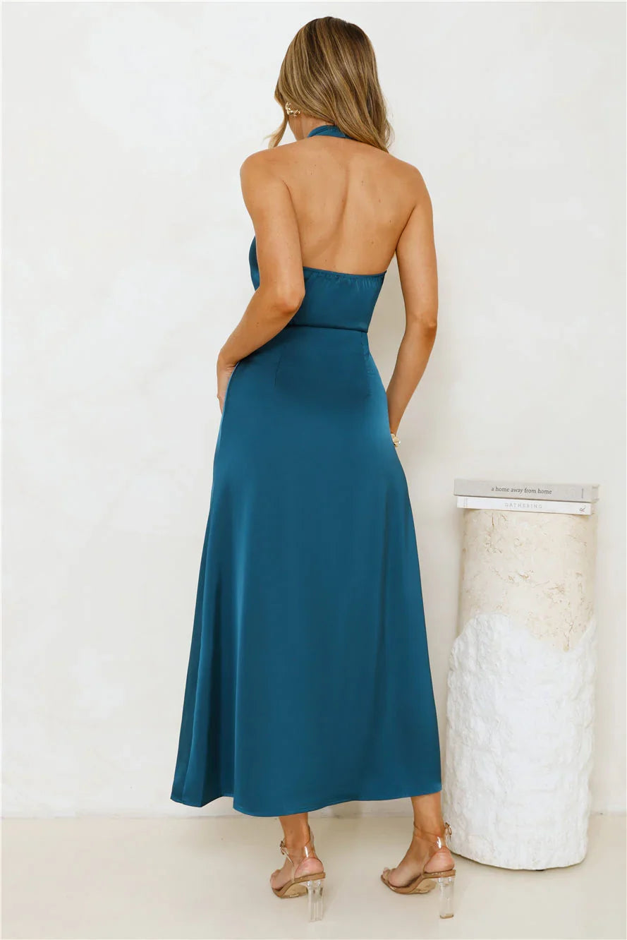 Night's Allure Satin Halter Maxi Dress Teal
