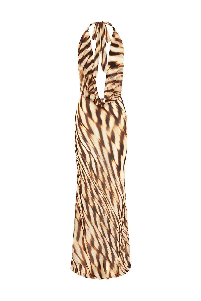 LEXIE LOW PLUNGE HALTER MAXI DRESS - ARIZONA CHOC