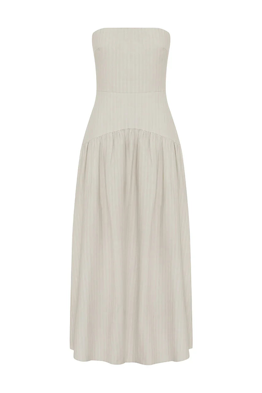 HEATHER MIDI DRESS - STONE PINSTRIPE