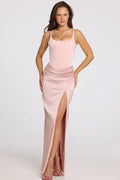 Corseted Thigh-High Split Maxi Dress in Blush Pink
