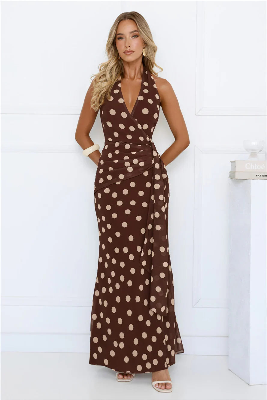 Nova Nights Halter Polka Dot Maxi Dress Brown