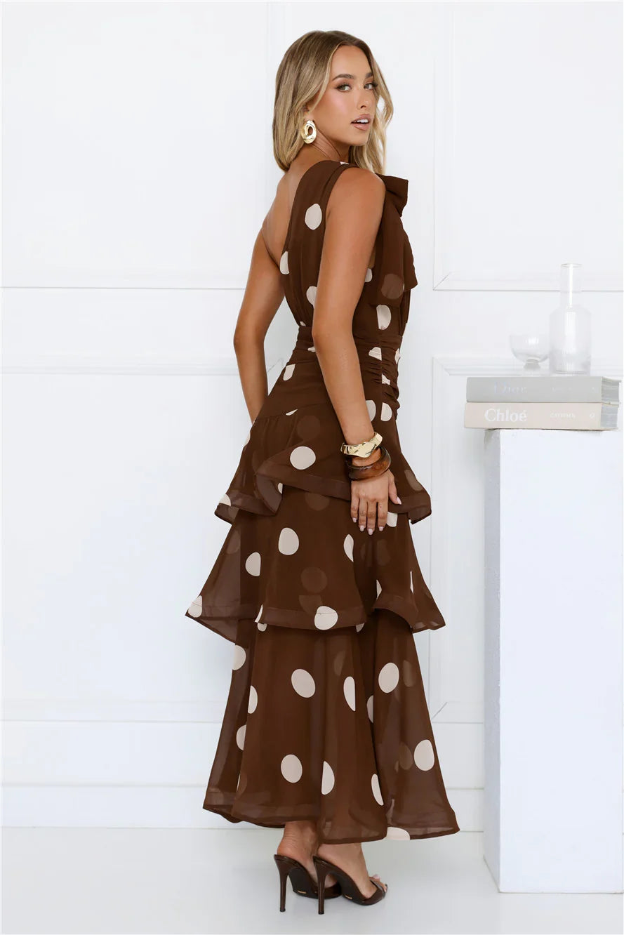 She's Trendy One Shoulder Polka Dot Maxi Dress Brown