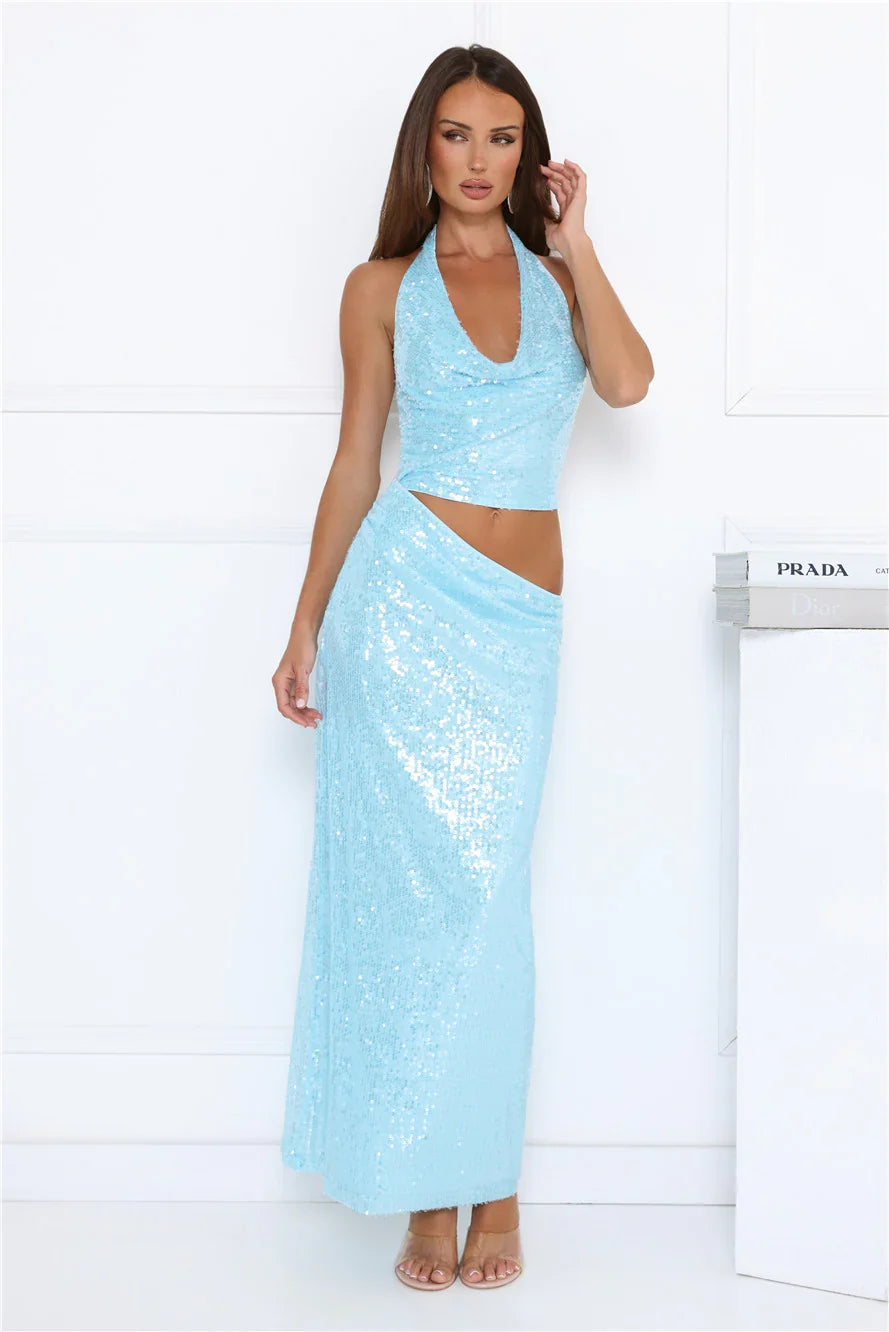 Twinkle Temptation Halter Sequin Maxi Dress Blue